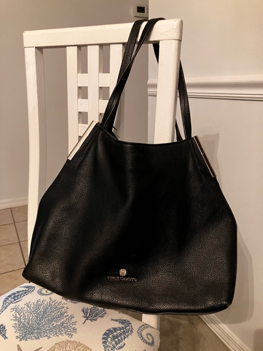 Vince Camuto Black Pebbled Leather Tote with Gold Accents
